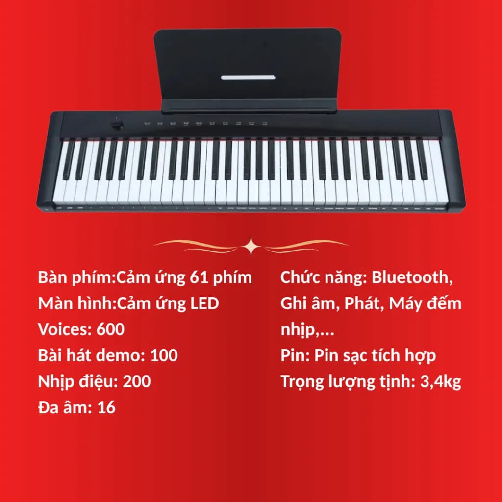 FLYKEYS M2 ĐÀN PIANO 61 PHÍM - PIN 8 TIẾNG - TẶNG FULL PHỤ KIỆN - ảnh 4